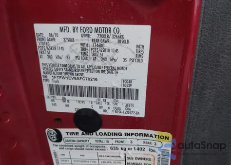 2010 Ford F-150 Fx4/Harley-Davidson/King Ranch/Lariat/Platinum/Xl/Xlt from USA, damaged, VIN 1FTFW1EV9AFC70216